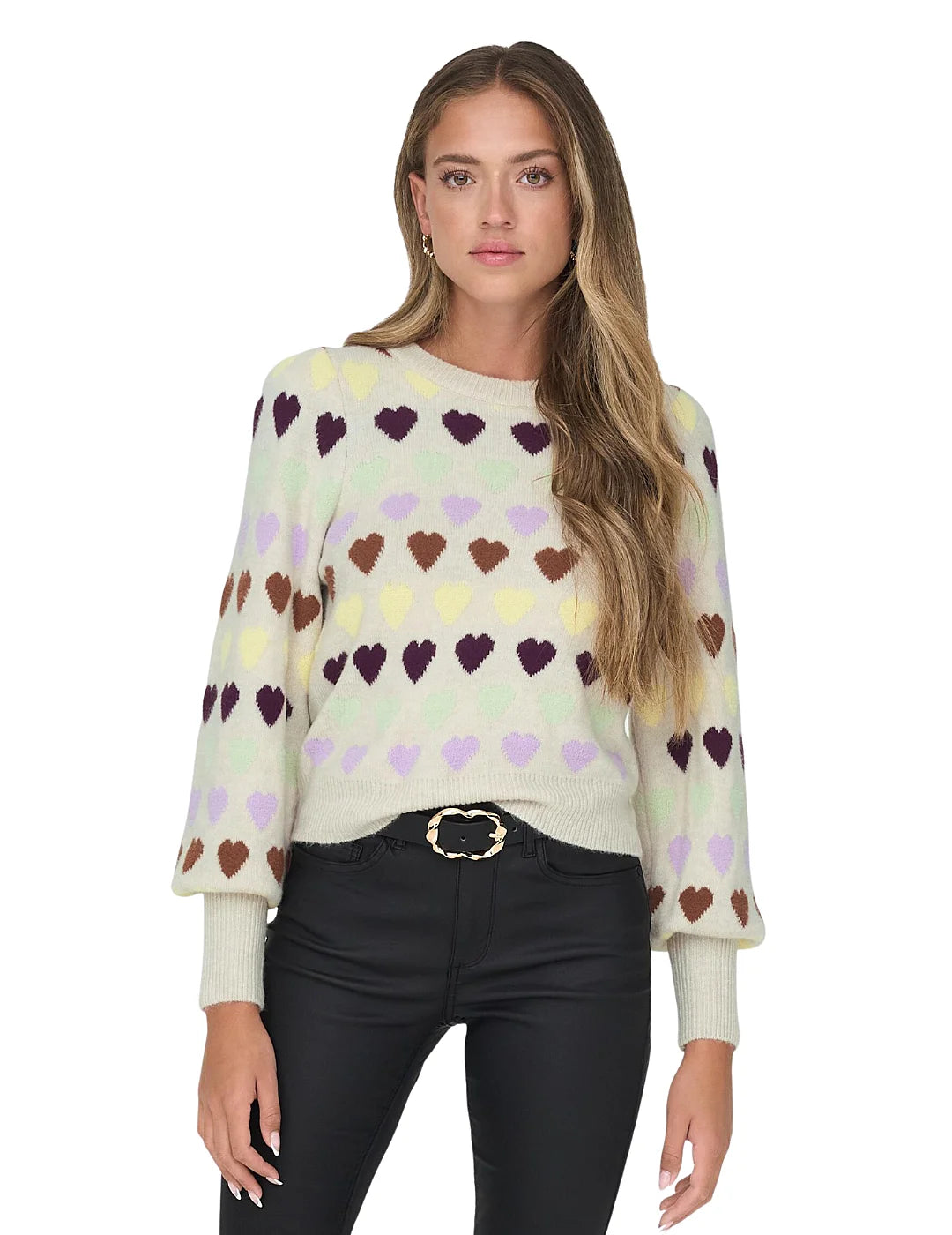 Jersey Estampado Mujer Corazones Only Beige | Bicos de Fío