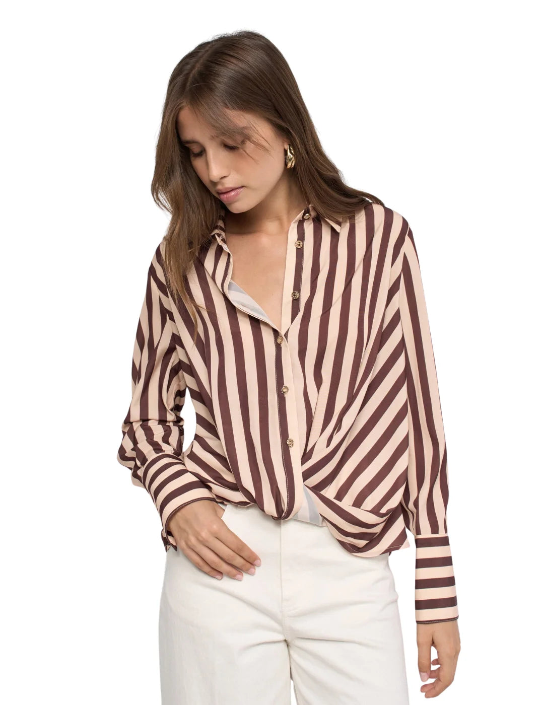 Blusa Satinada Rayas Salsa Jeans Marrón | Bicos de Fío