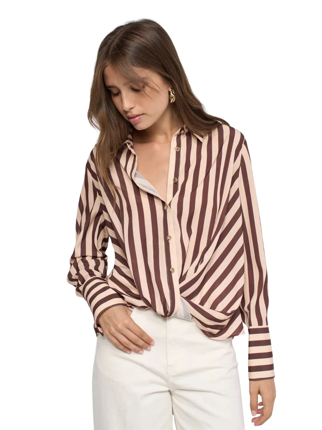 Blusa Satinada Rayas Salsa Jeans Marrón | Bicos de Fío