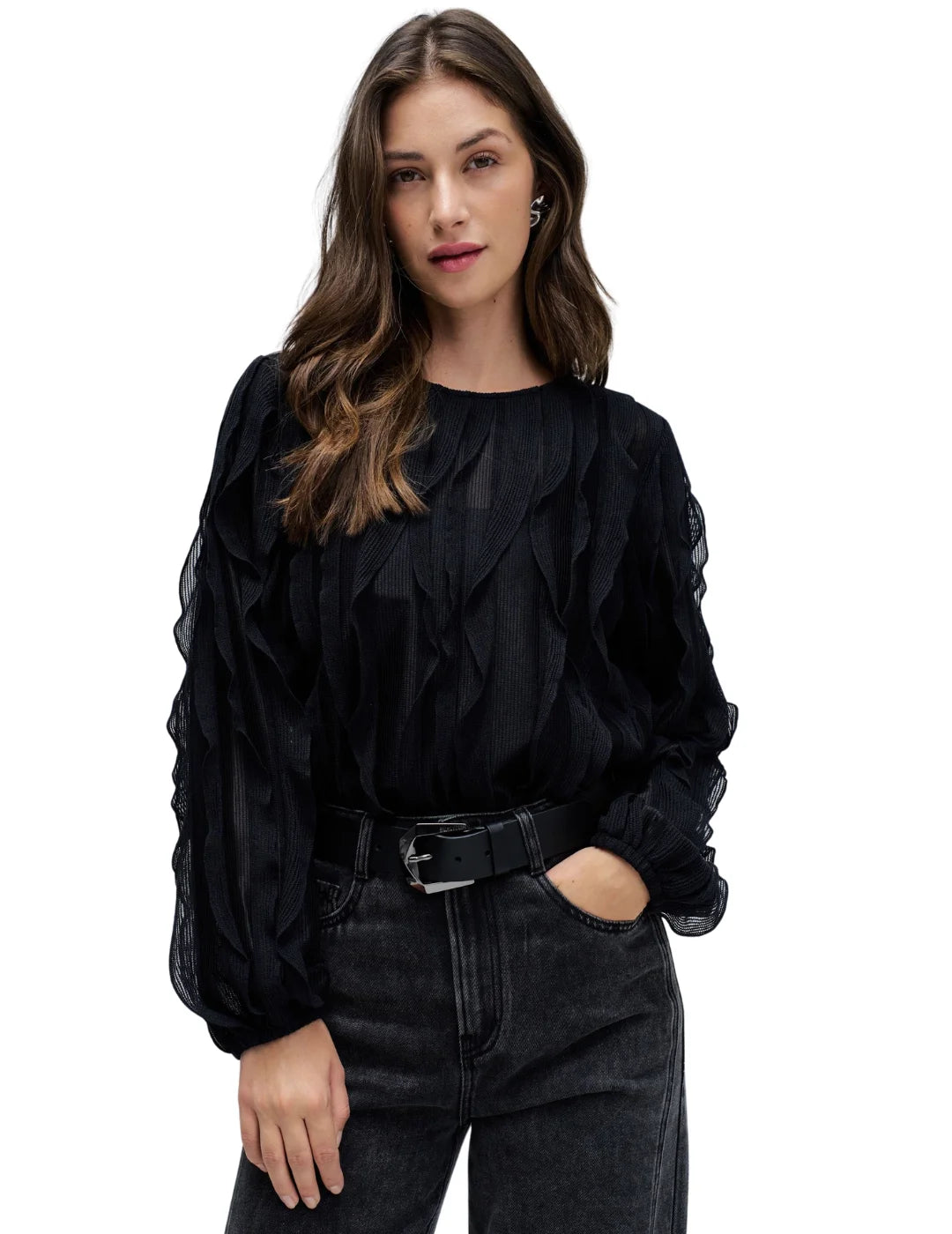 Blusa Volantes Salsa Jeans Negro | Bicos de Fío