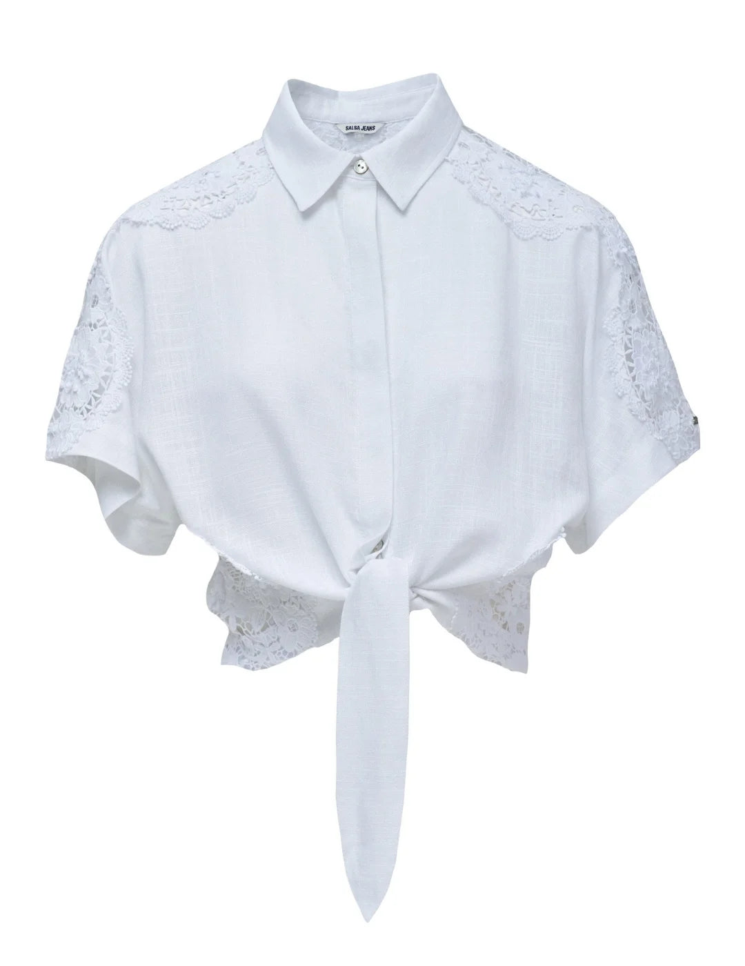 Camisa Corta Nudo Encaje Salsa Jeans Blanco | Bicos de Fío