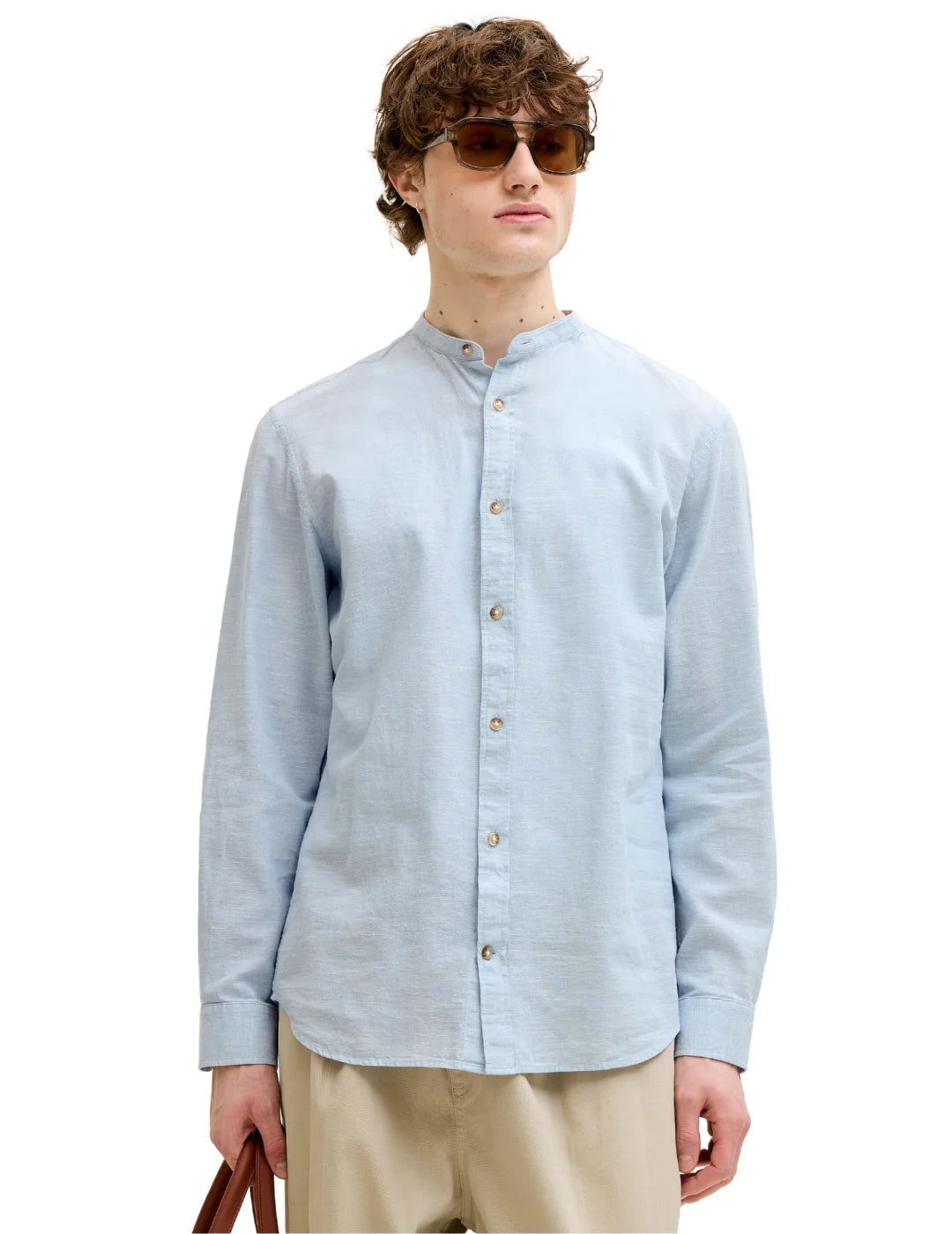 Camisa Lino Cuello Mao Jack&Jones Summer Azul Celeste | Bicos de Fío