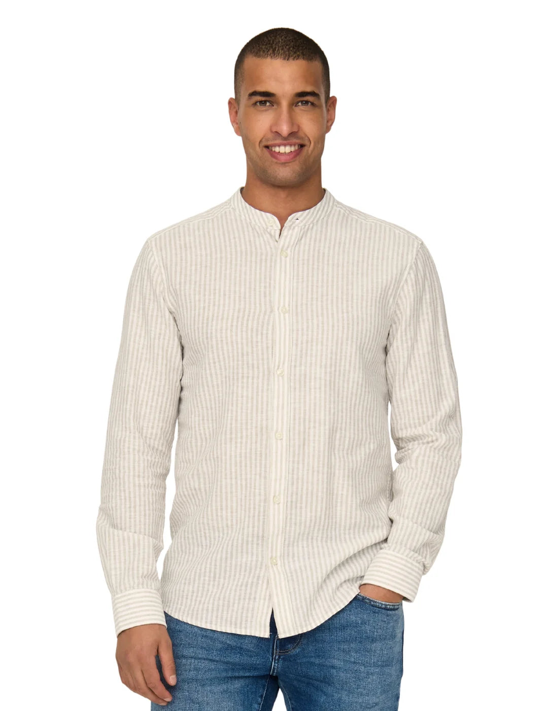 Camisa Cuello Mao Lino ONLY&SONS Caiden Beige | Bicos de Fío