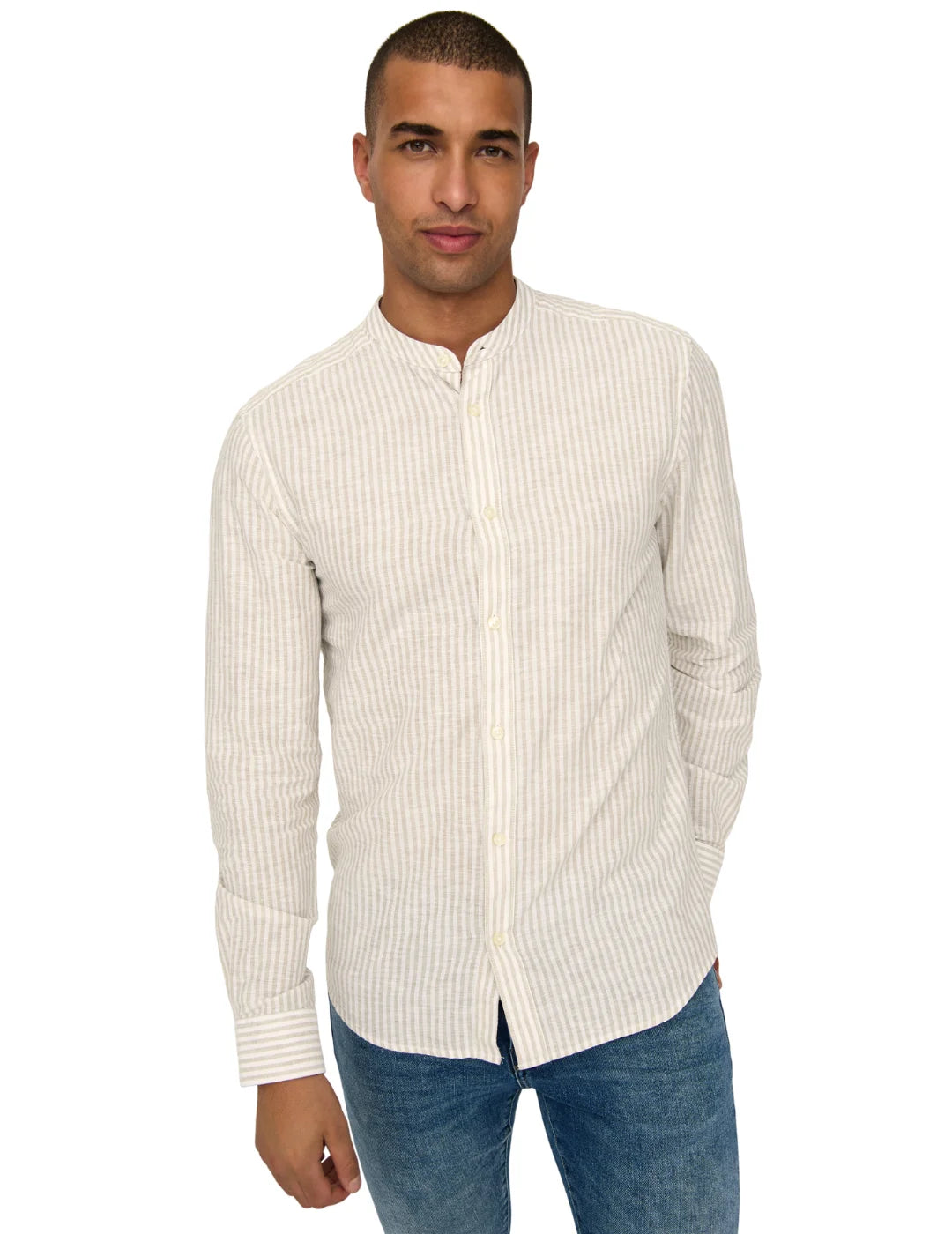 Camisa Cuello Mao Lino ONLY&SONS Caiden Beige | Bicos de Fío
