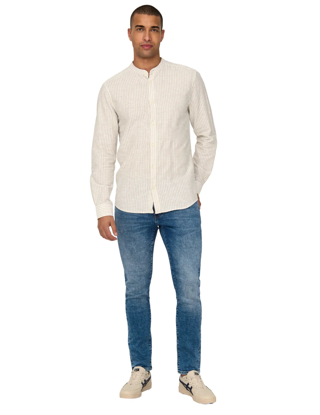 Camisa Cuello Mao Lino ONLY&SONS Caiden Beige | Bicos de Fío