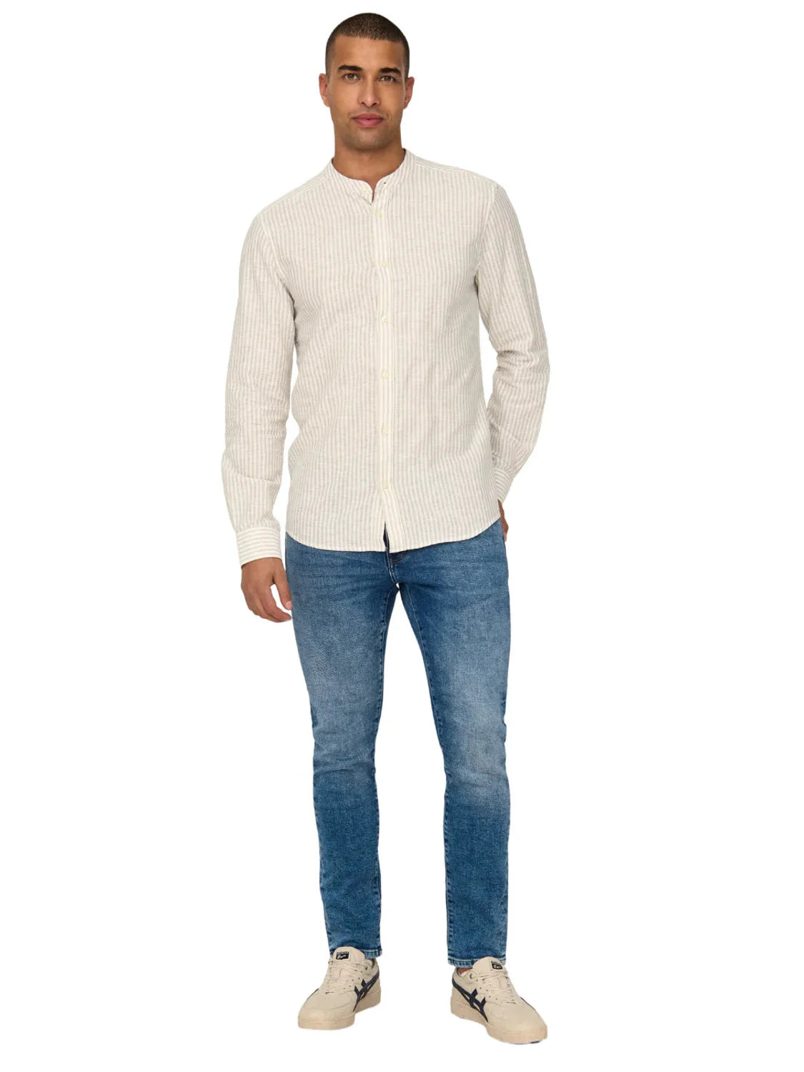 Camisa Cuello Mao Lino ONLY&SONS Caiden Beige | Bicos de Fío