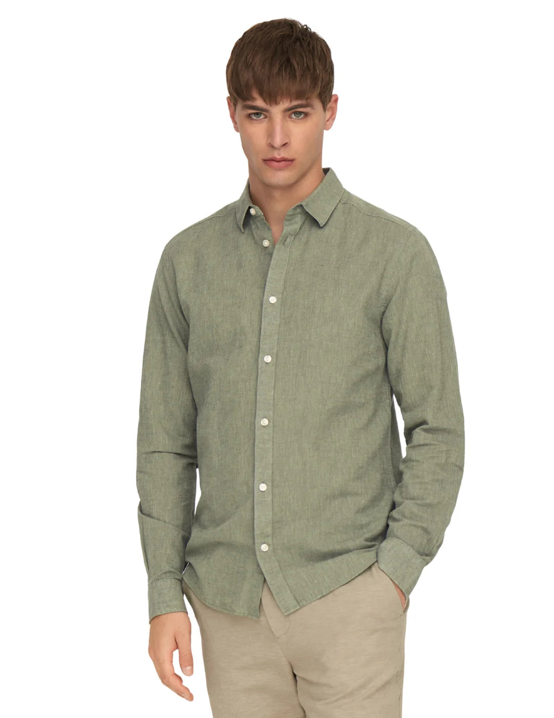 Camisa Lino ONLY&SONS Caiden Verde Swam | Bicos de Fío