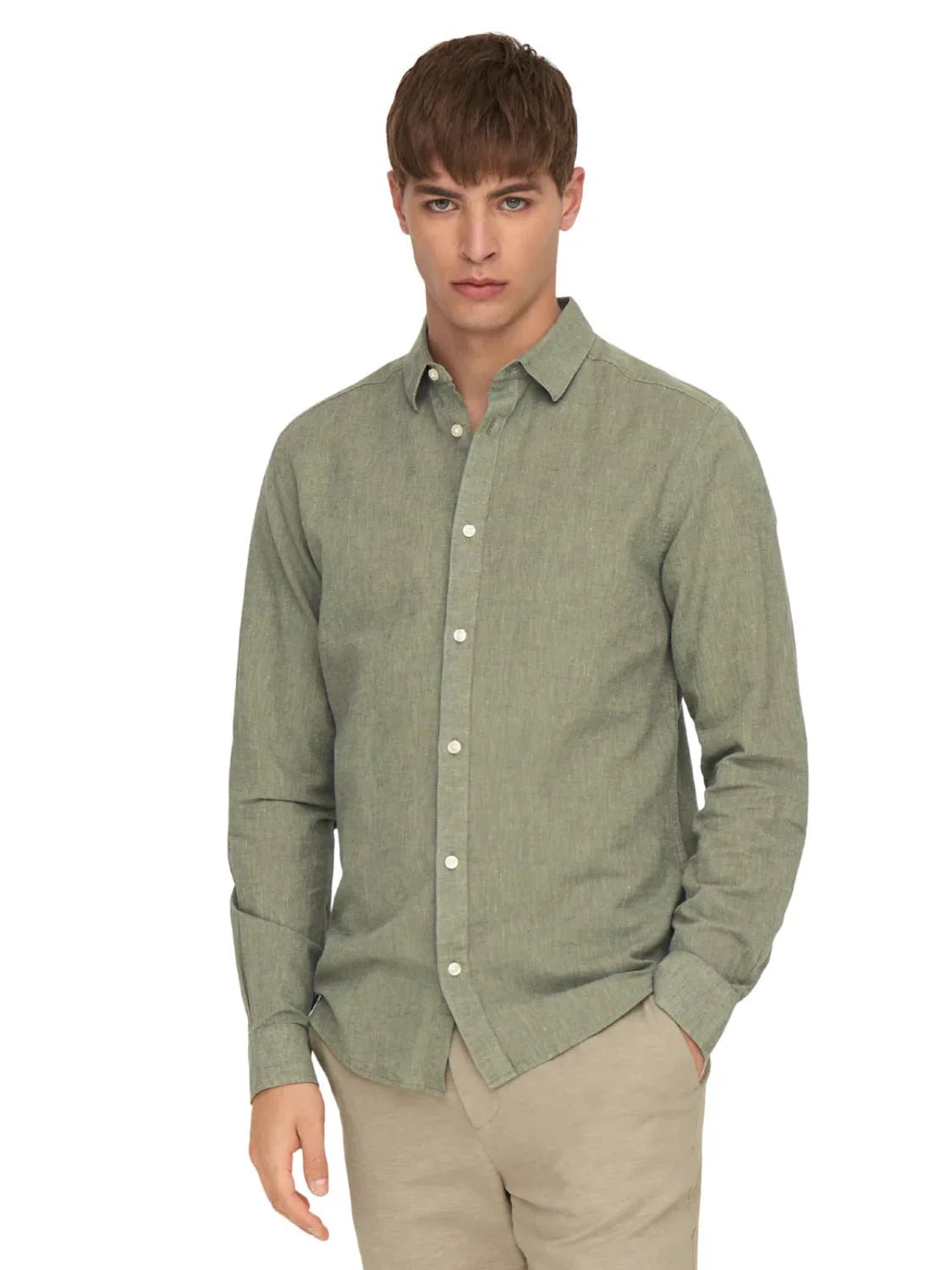 Camisa Lino ONLY&SONS Caiden Verde Swam | Bicos de Fío
