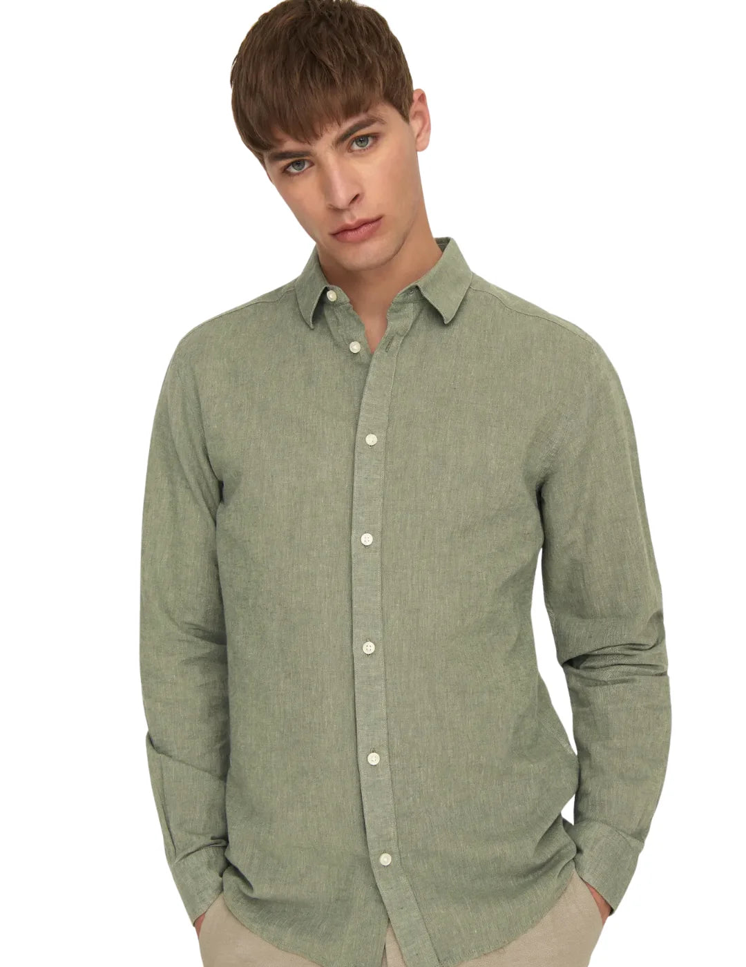 Camisa Lino ONLY&SONS Caiden Verde Swam | Bicos de Fío