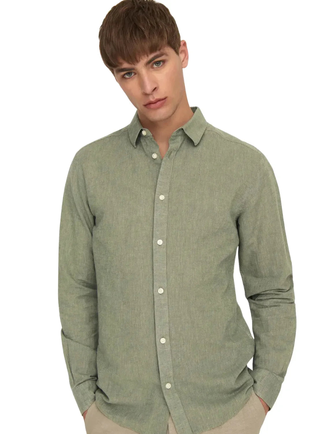 Camisa Lino ONLY&SONS Caiden Verde Swam | Bicos de Fío