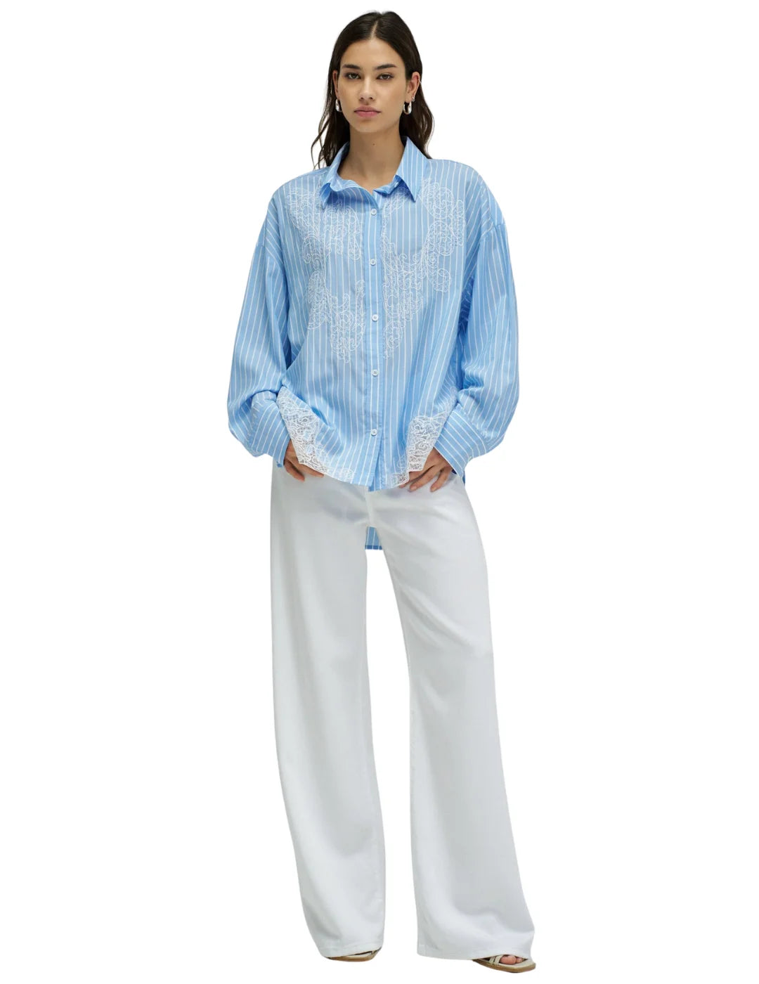 Camisa Rayas Encaje Salsa Jeans Azul | Bicos de Fío