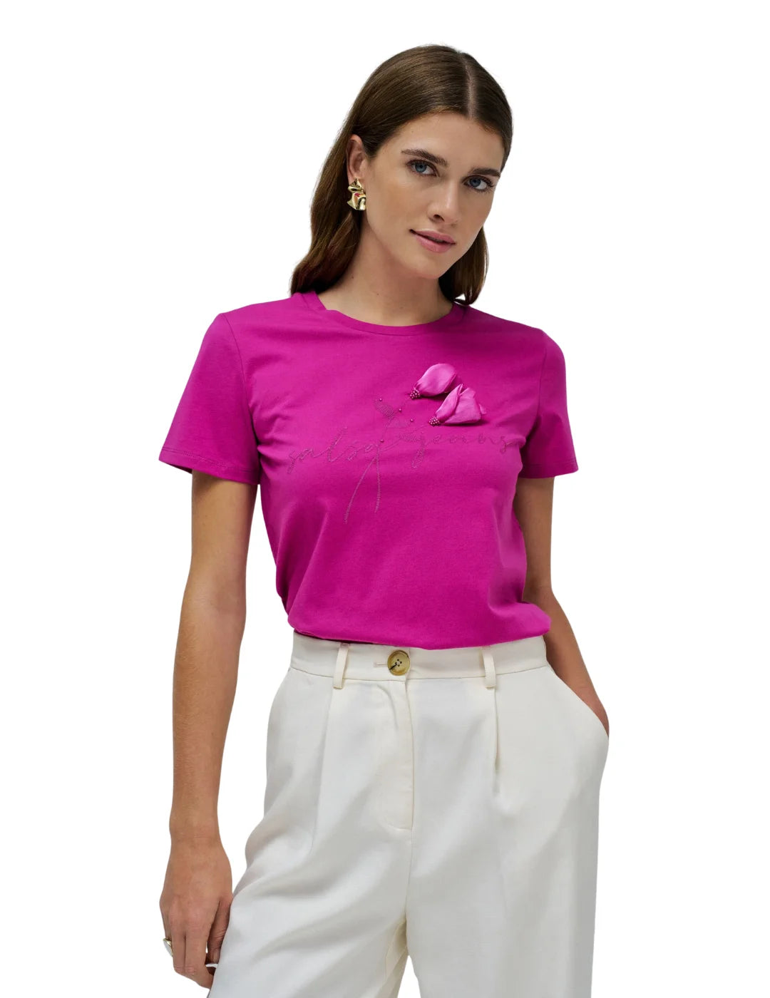 Camiseta Aplique Flores Salsa Jeans Fucsia | Bicos de Fío
