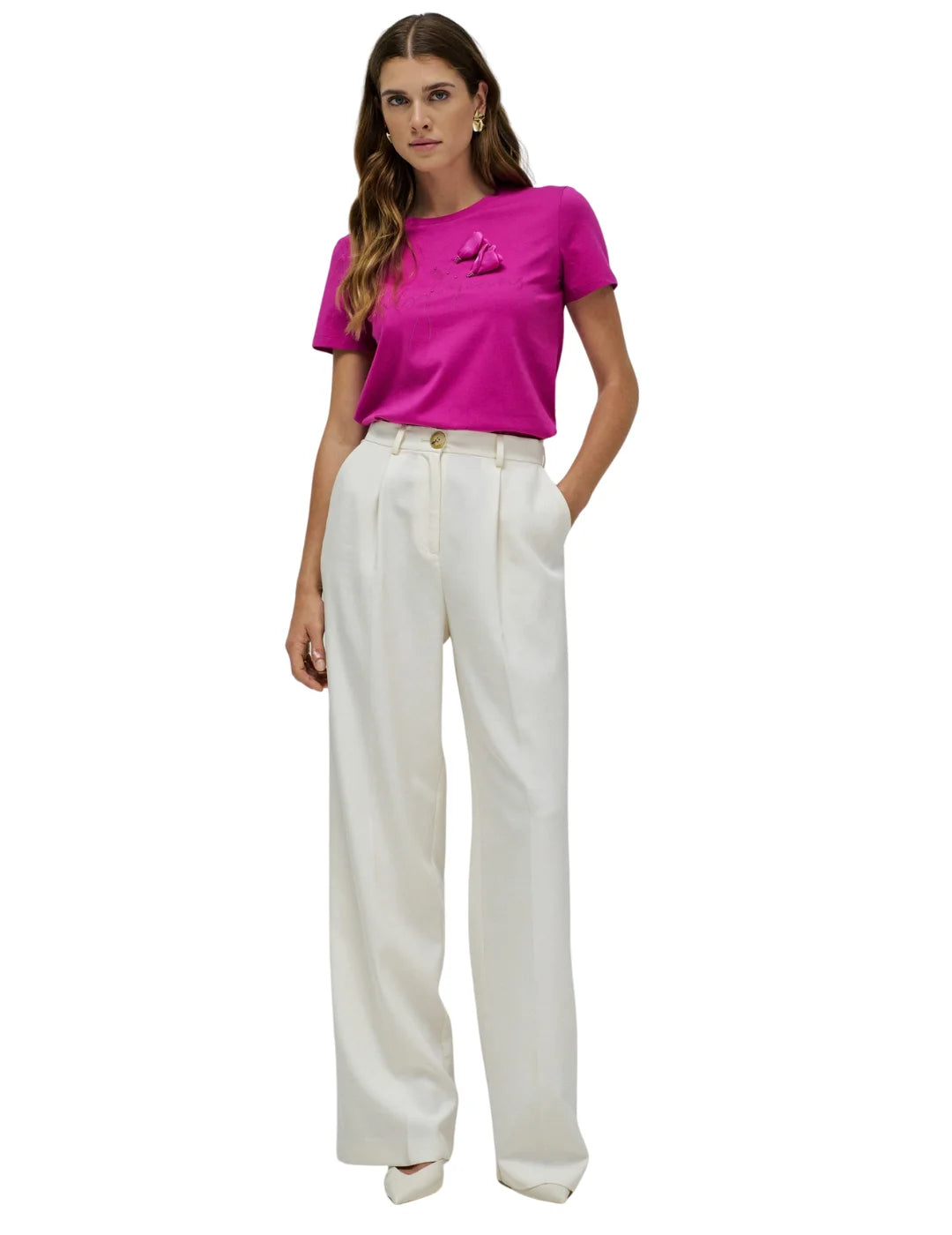 Camiseta Aplique Flores Salsa Jeans Fucsia | Bicos de Fío