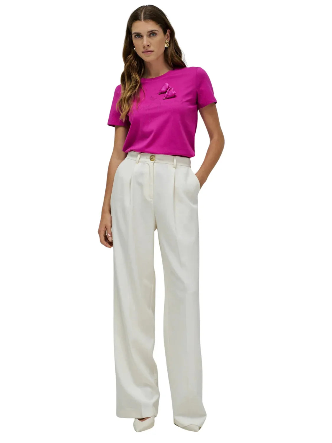 Camiseta Aplique Flores Salsa Jeans Fucsia | Bicos de Fío