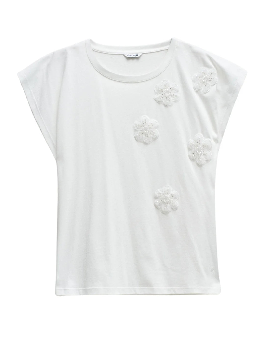 Camiseta Apliques Flores Salsa Jeans Blanco | Bicos de Fío