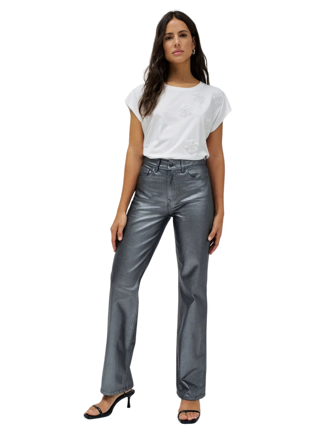 Camiseta Apliques Flores Salsa Jeans Blanco | Bicos de Fío
