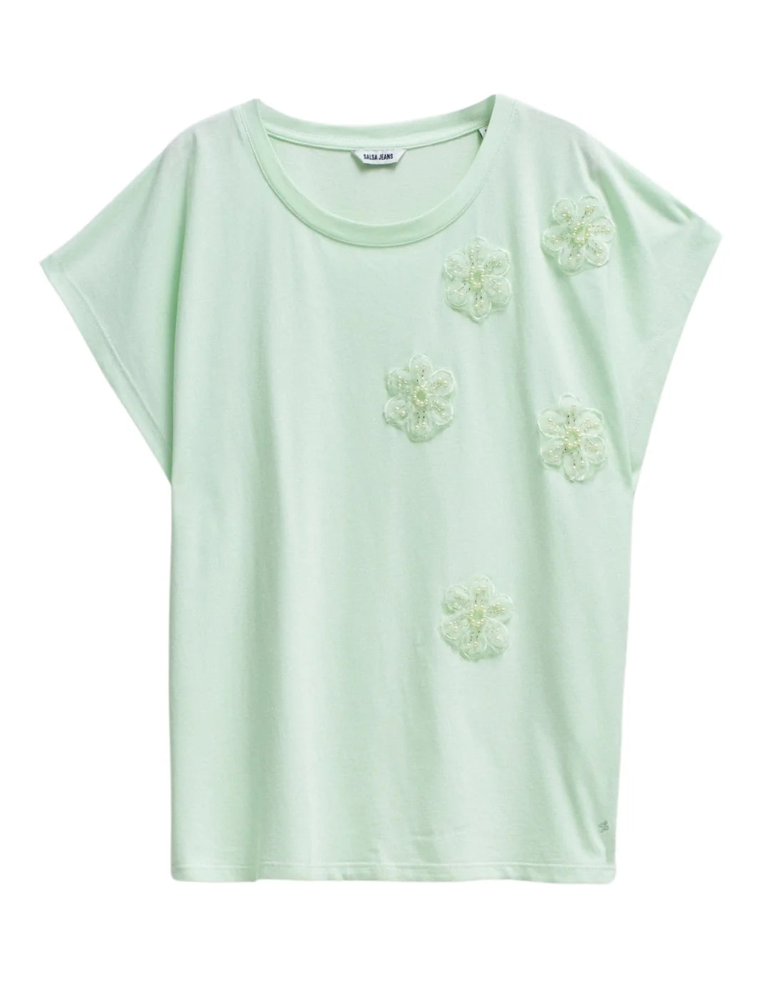 Camiseta Apliques Flores Salsa Jeans Verde | Bicos de Fío