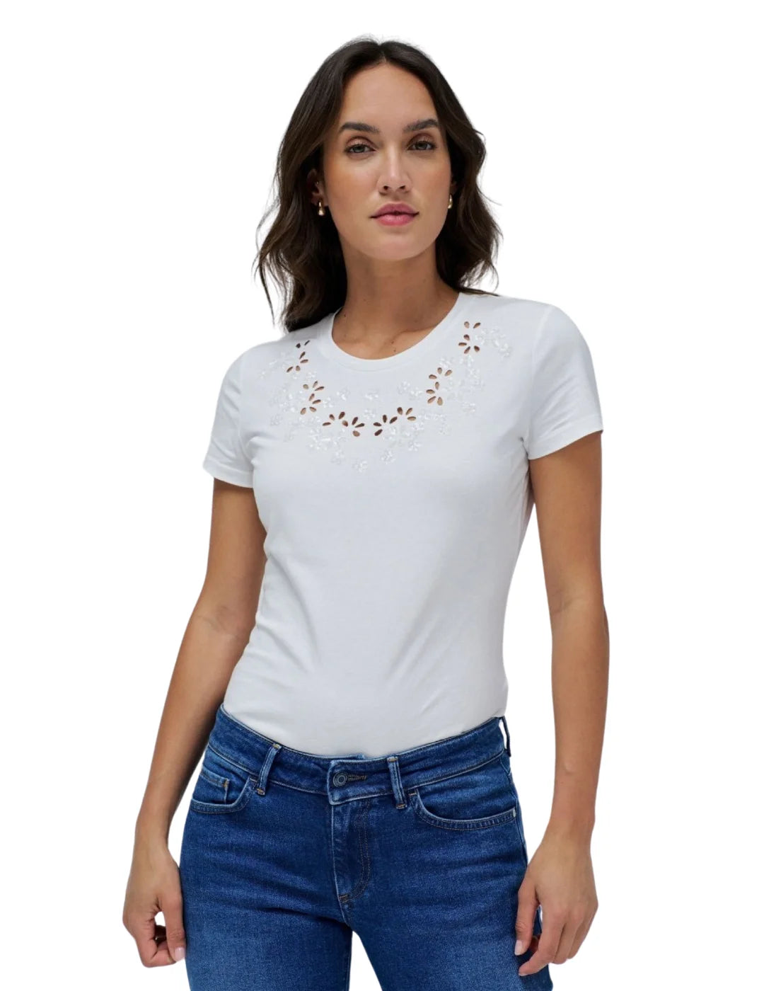 Camiseta Básica Bordado Salsa Jeans Blanco | Bicos de Fío