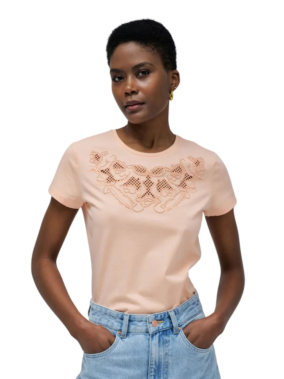 Camiseta Bordado Lentejuelas Salsa Jeans Rosa | Bicos de Fío