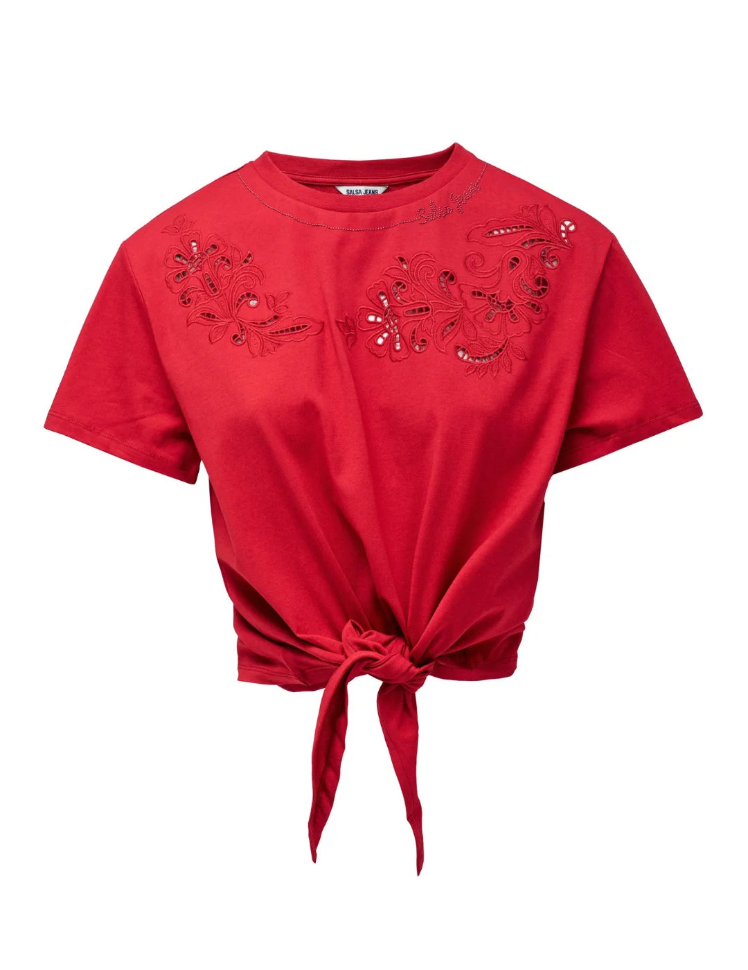 Camiseta Cropped Nudo Salsa Jeans Rojo | Bicos de Fío