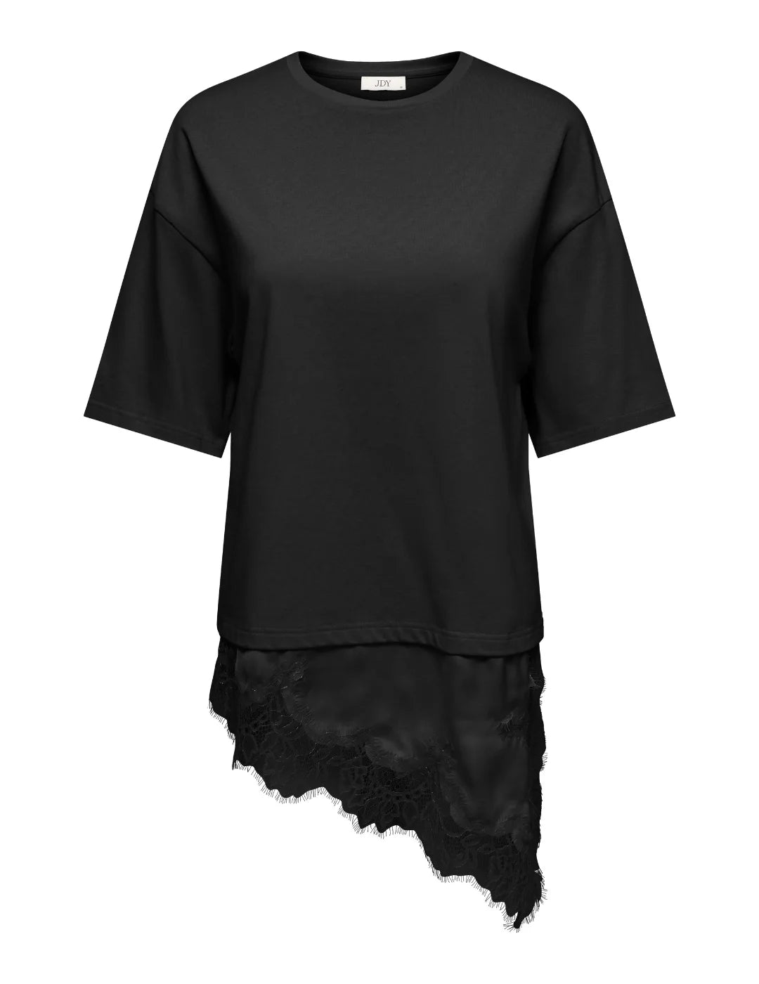 Camiseta Encaje Asimétrico JDY Alma Negro | Bicos de Fío