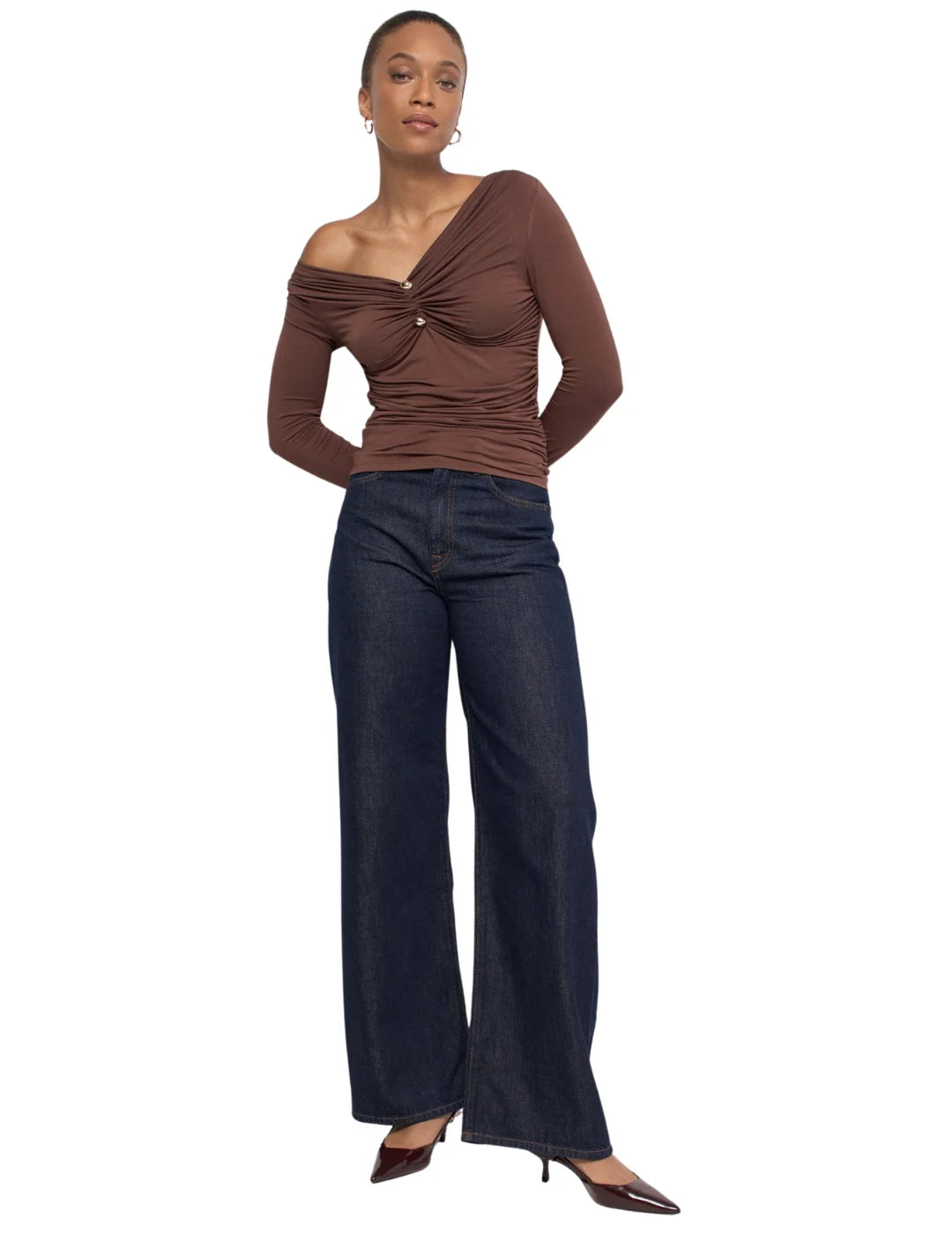 Camiseta Escote Fruncido Salsa Jeans Marrón | Bicos de Fío
