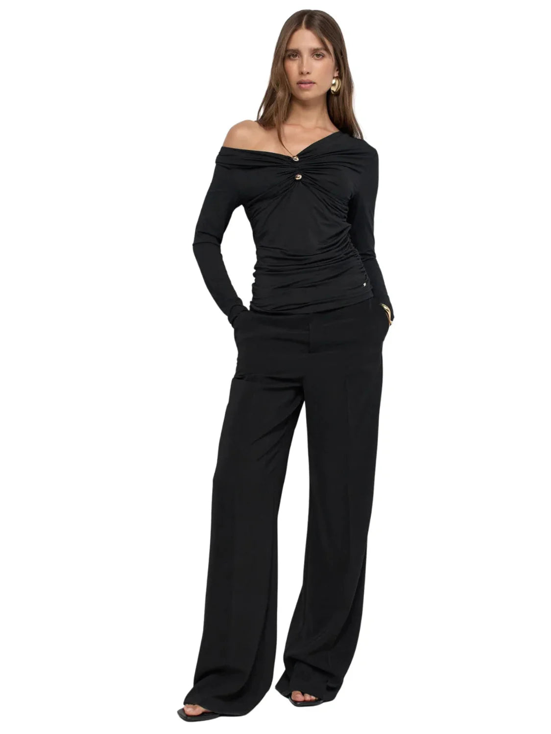 Camiseta Escote Fruncido Salsa Jeans Negro | Bicos de Fío