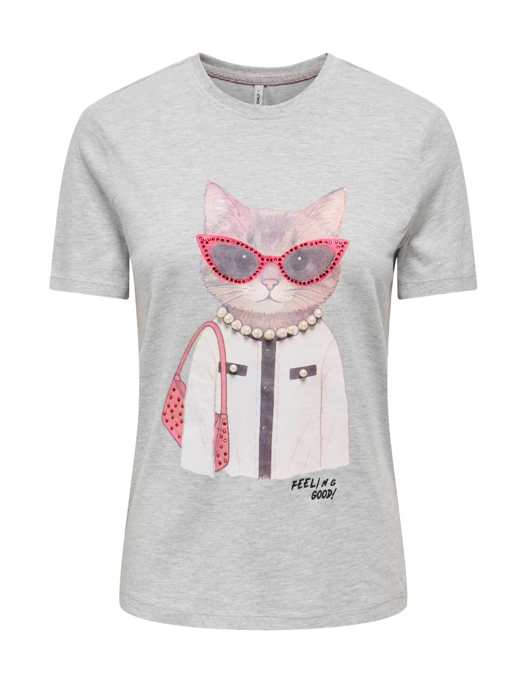 Camiseta ONLY Baria Cat Good Feeling Gris | Bicos de Fío