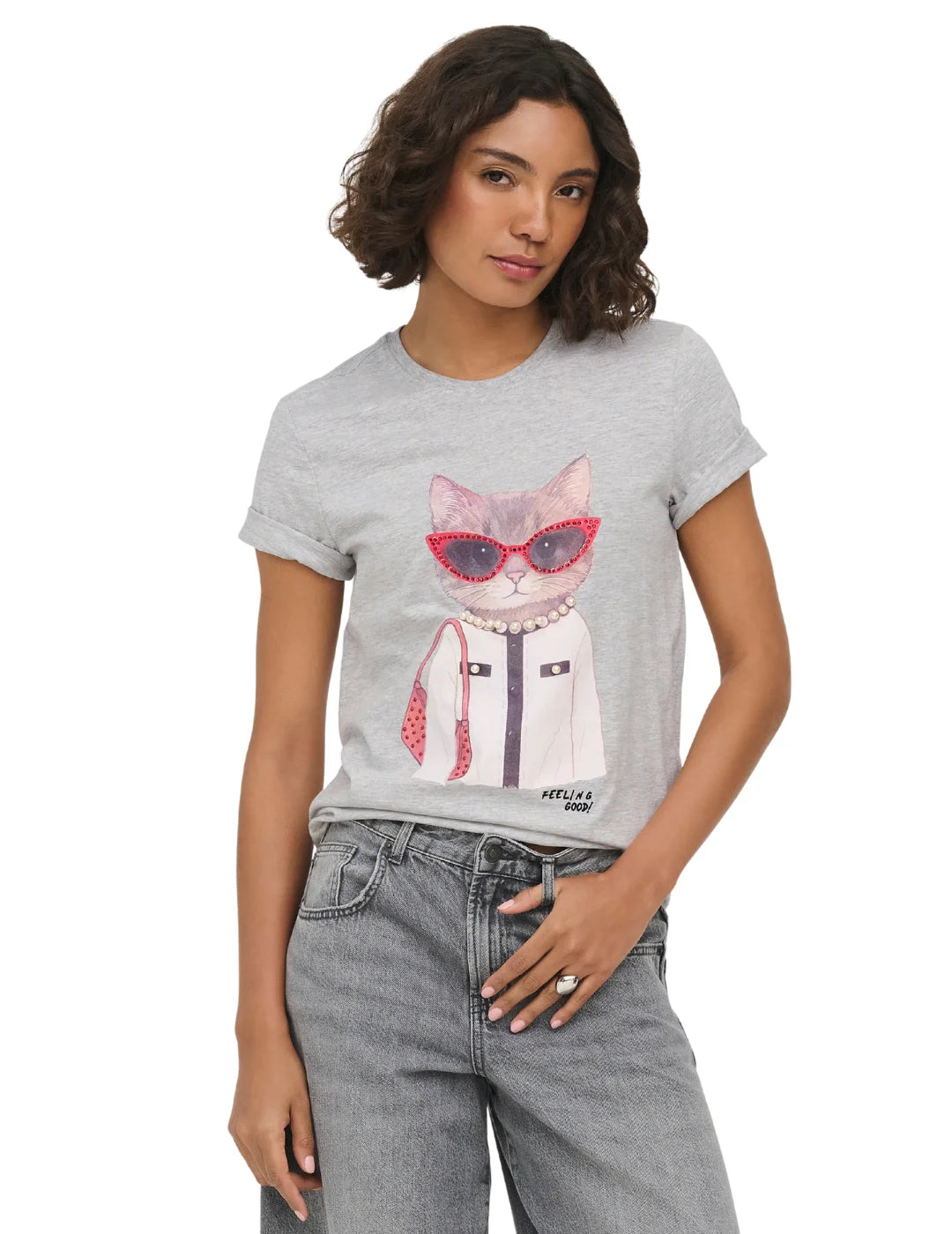 Camiseta ONLY Baria Cat Good Feeling Gris | Bicos de Fío