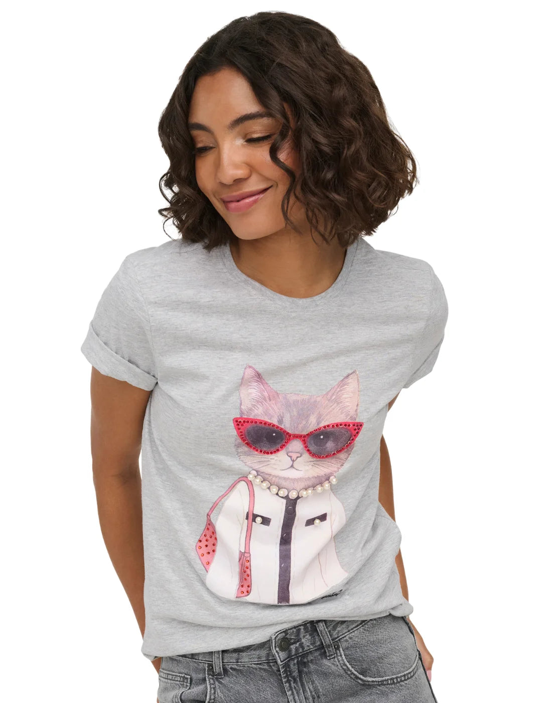 Camiseta ONLY Baria Cat Good Feeling Gris | Bicos de Fío