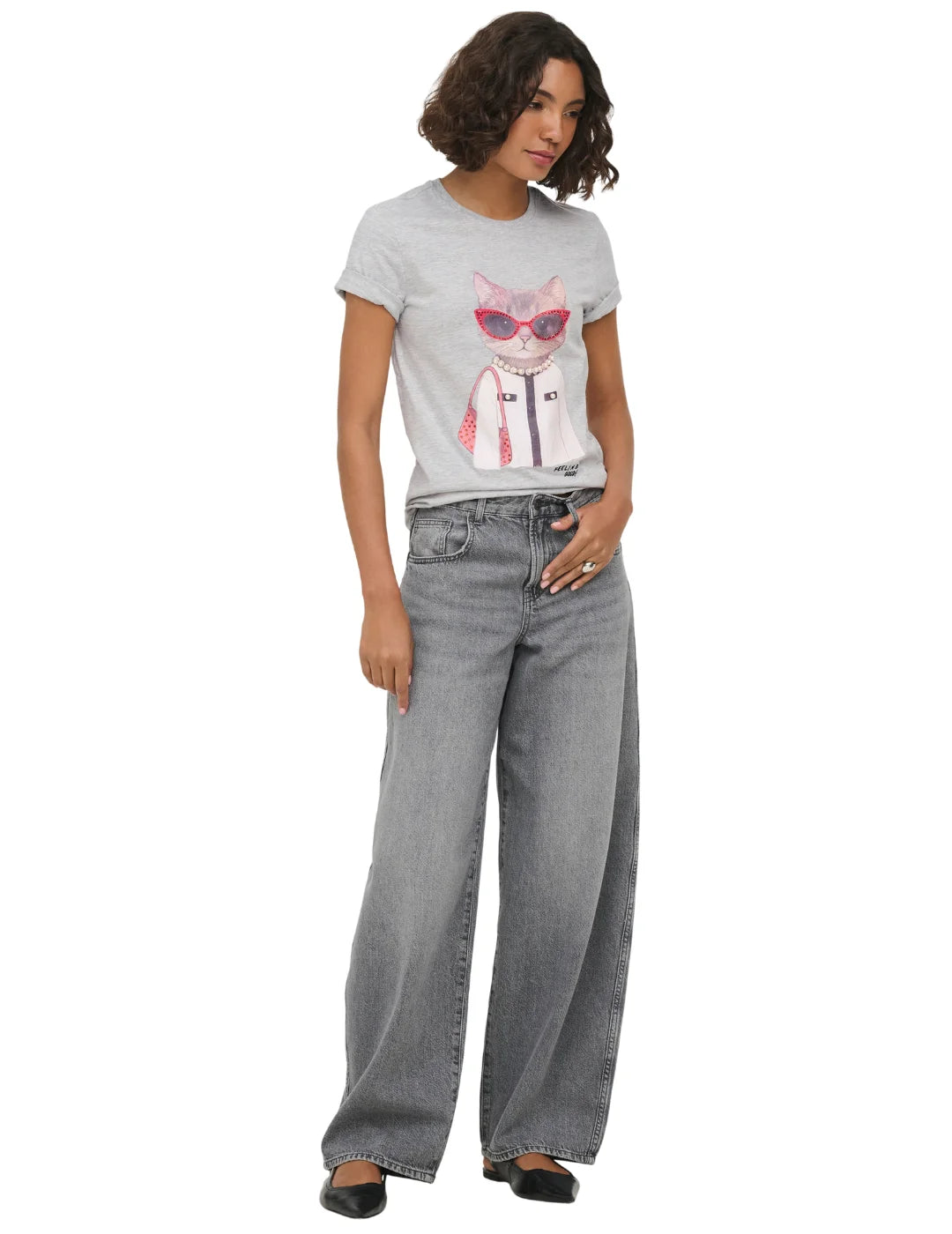 Camiseta ONLY Baria Cat Good Feeling Gris | Bicos de Fío