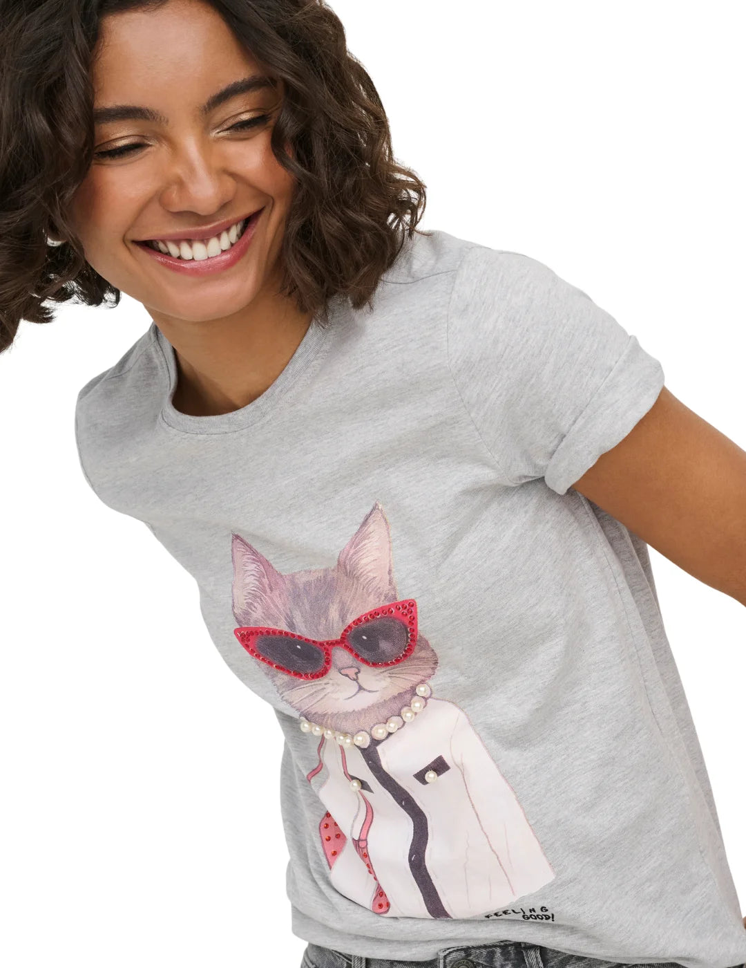 Camiseta ONLY Baria Cat Good Feeling Gris | Bicos de Fío
