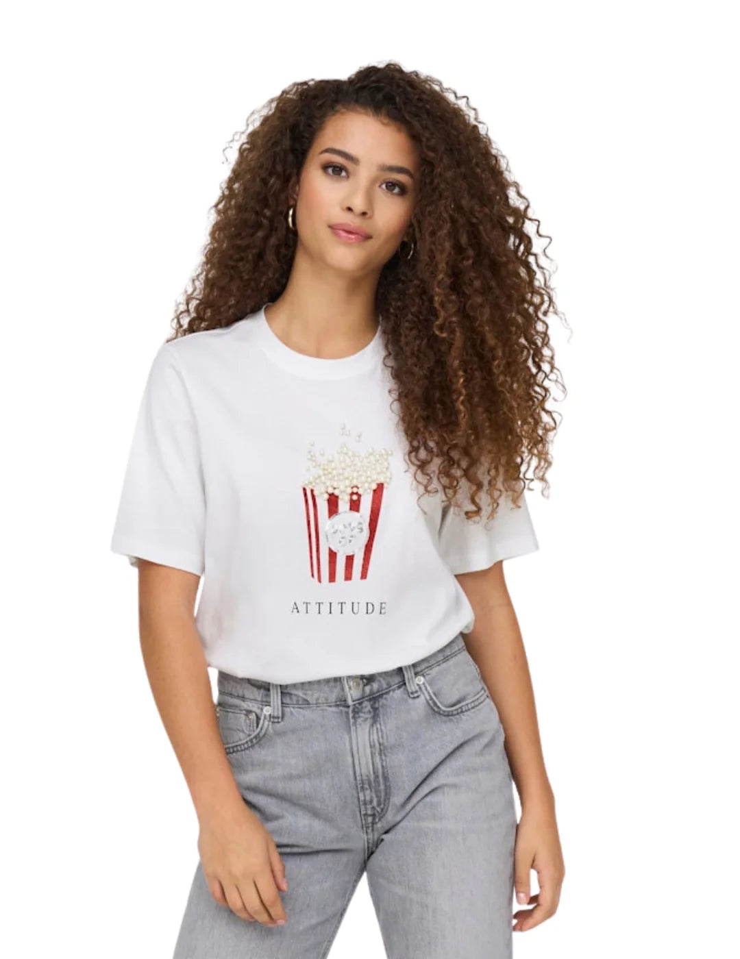 Camiseta ONLY Burst Popcorn Attitude Blanco | Bicos de Fío