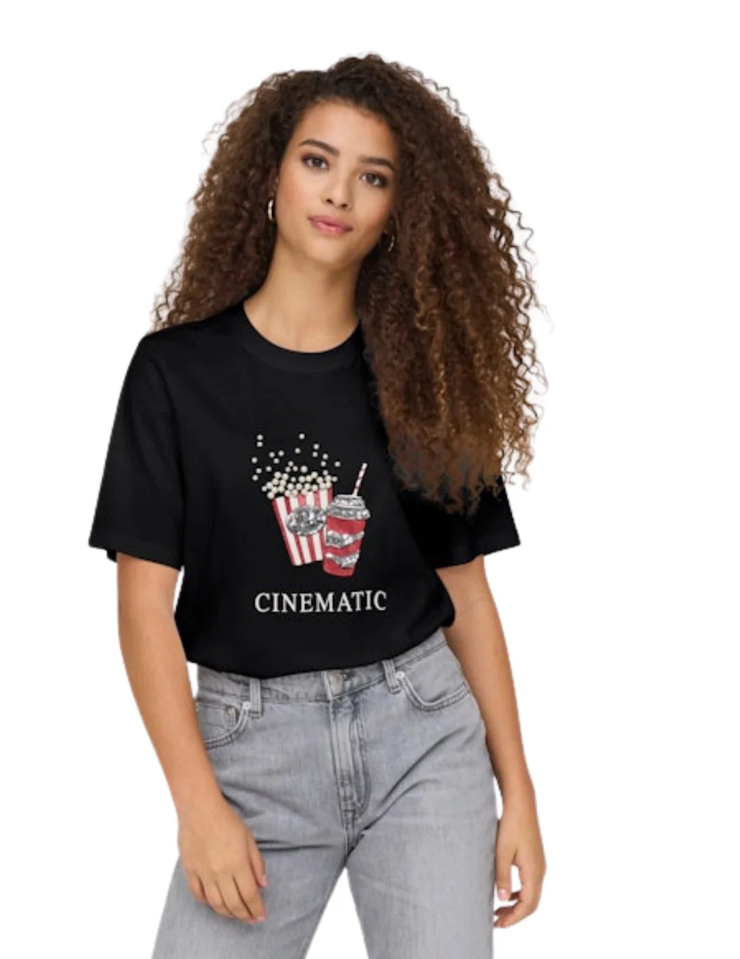 Camiseta ONLY Burst Popcorn Cinematic Negro | Bicos de Fío