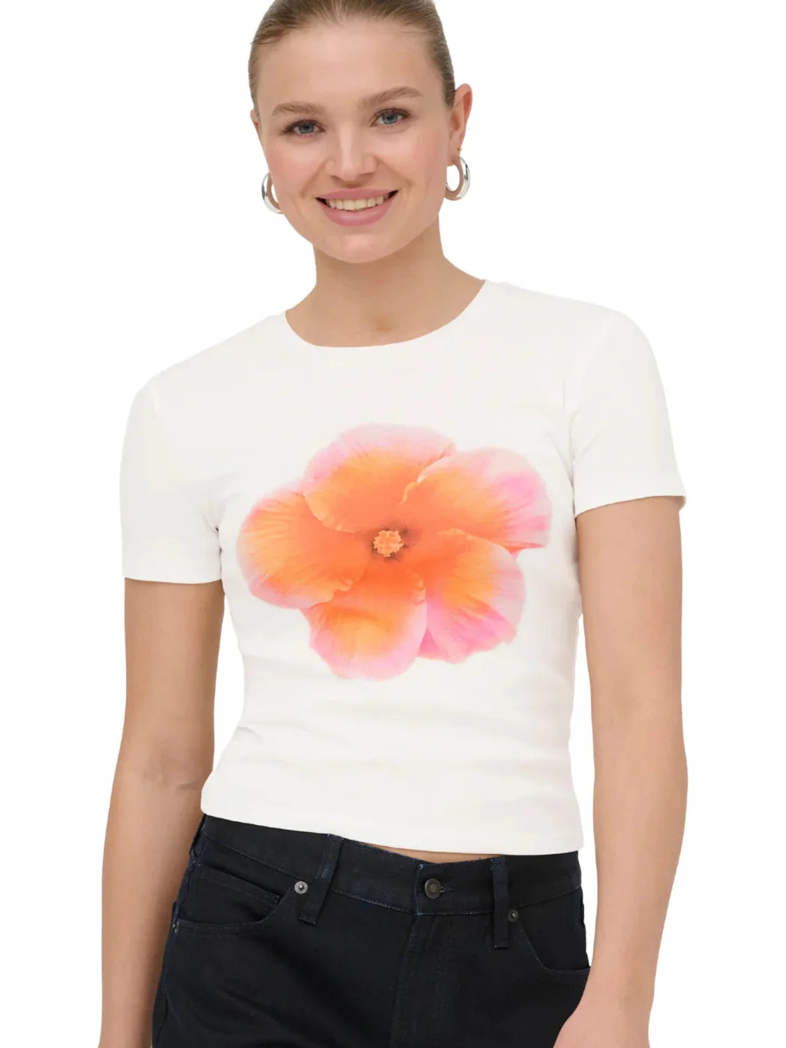 Camiseta ONLY Princess Orange Flower Blanco | Bicos de Fío