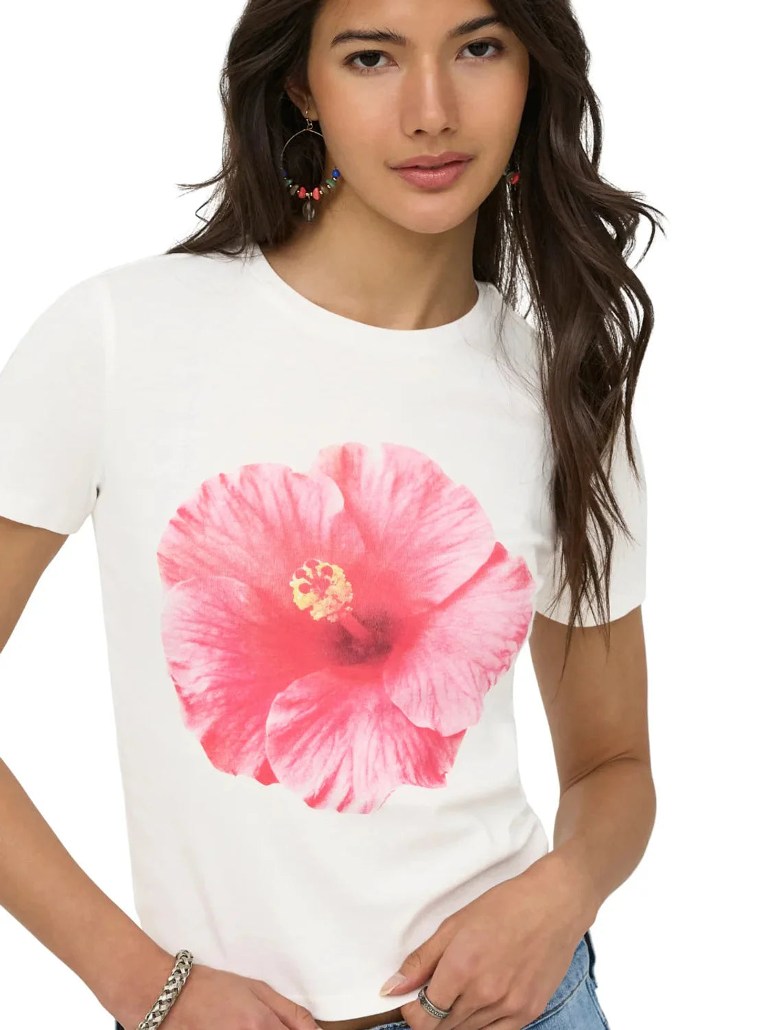 Camiseta ONLY Princess Pink Flower Blanco | Bicos de Fío