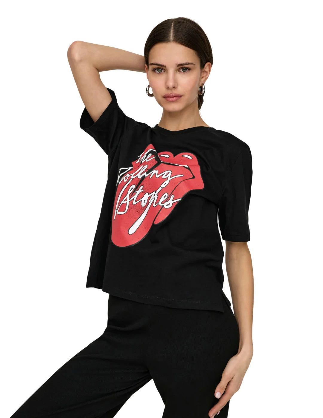 Camiseta ONLY Rolling Stones Lengua Negro | Bicos de Fío