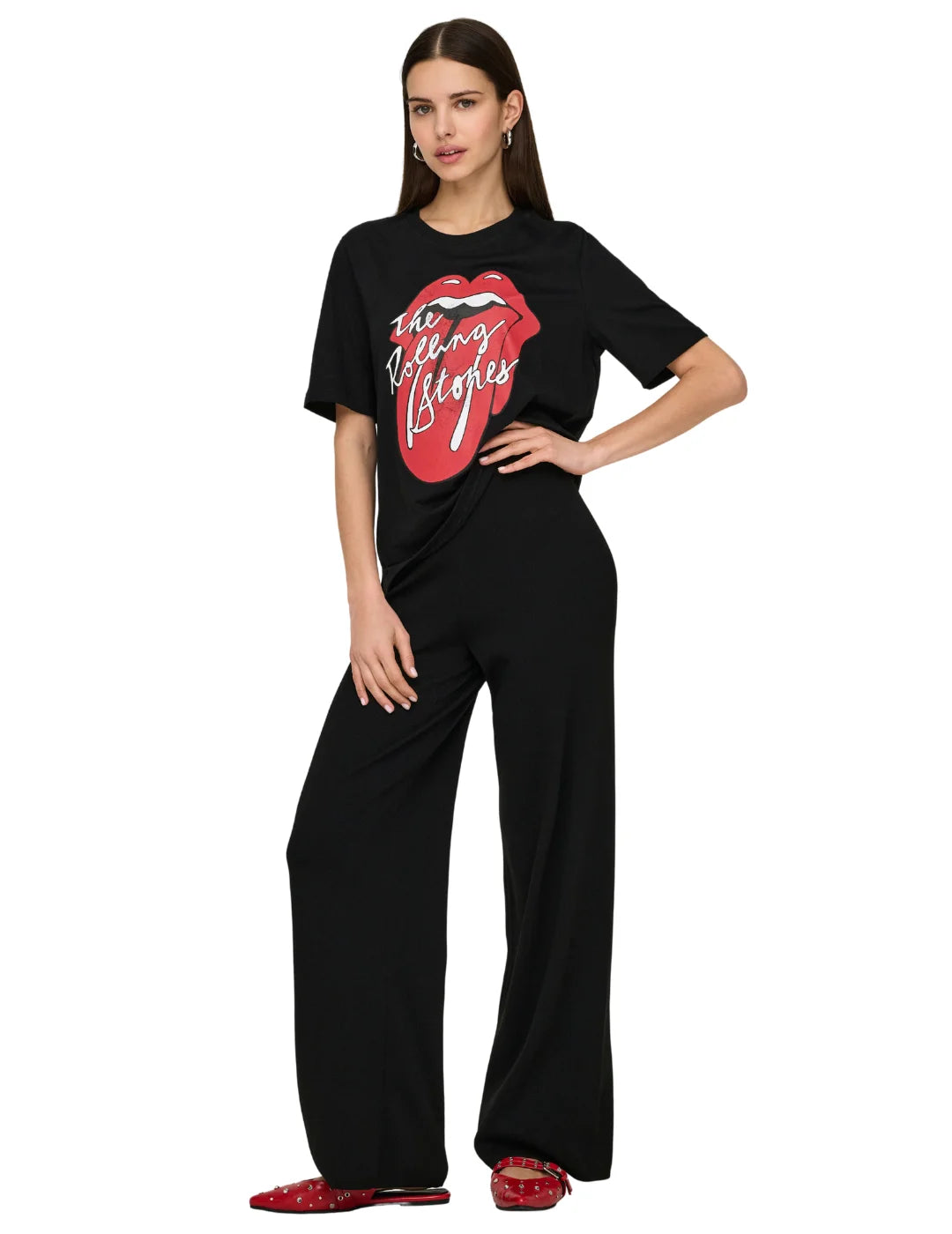Camiseta ONLY Rolling Stones Lengua Negro | Bicos de Fío