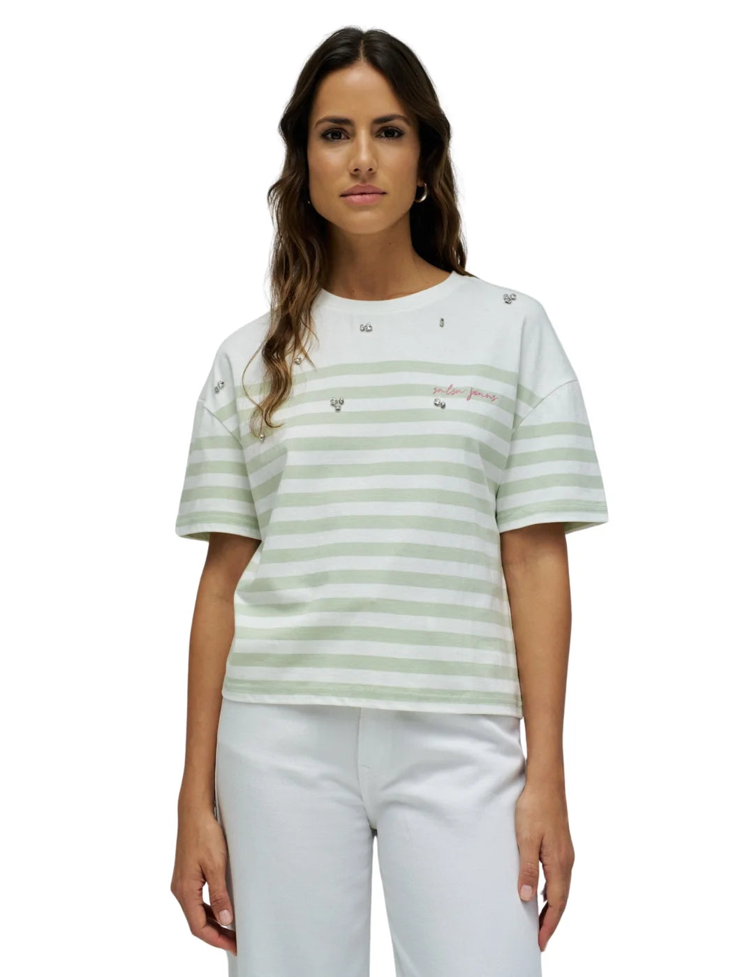 Camiseta Rayas Verdes Salsa Jeans Blanco | Bicos de Fío