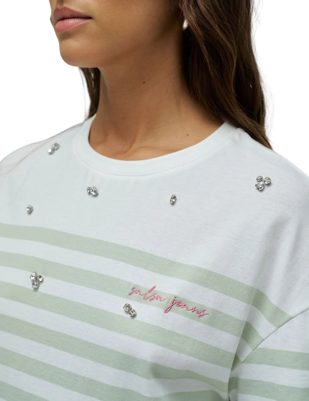 Camiseta Rayas Verdes Salsa Jeans Blanco | Bicos de Fío