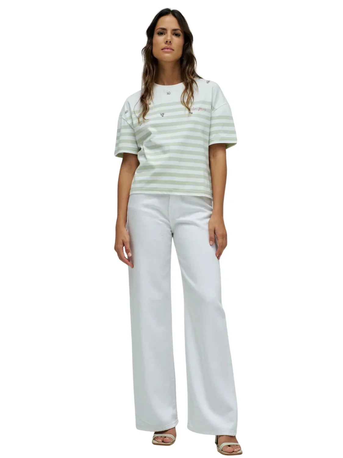 Camiseta Rayas Verdes Salsa Jeans Blanco | Bicos de Fío