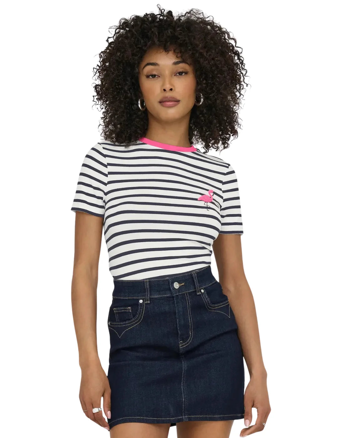 Camiseta Rayas ONLY Heart Flamingo Azul Marino | Bicos de Fío