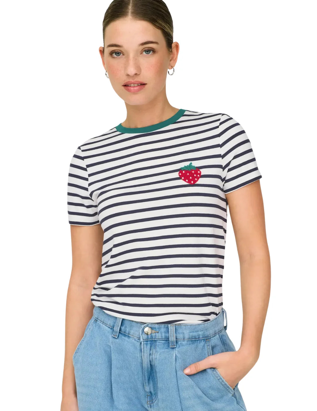 Camiseta Rayas ONLY Heart Strawberry Azul Marino | Bicos de Fío