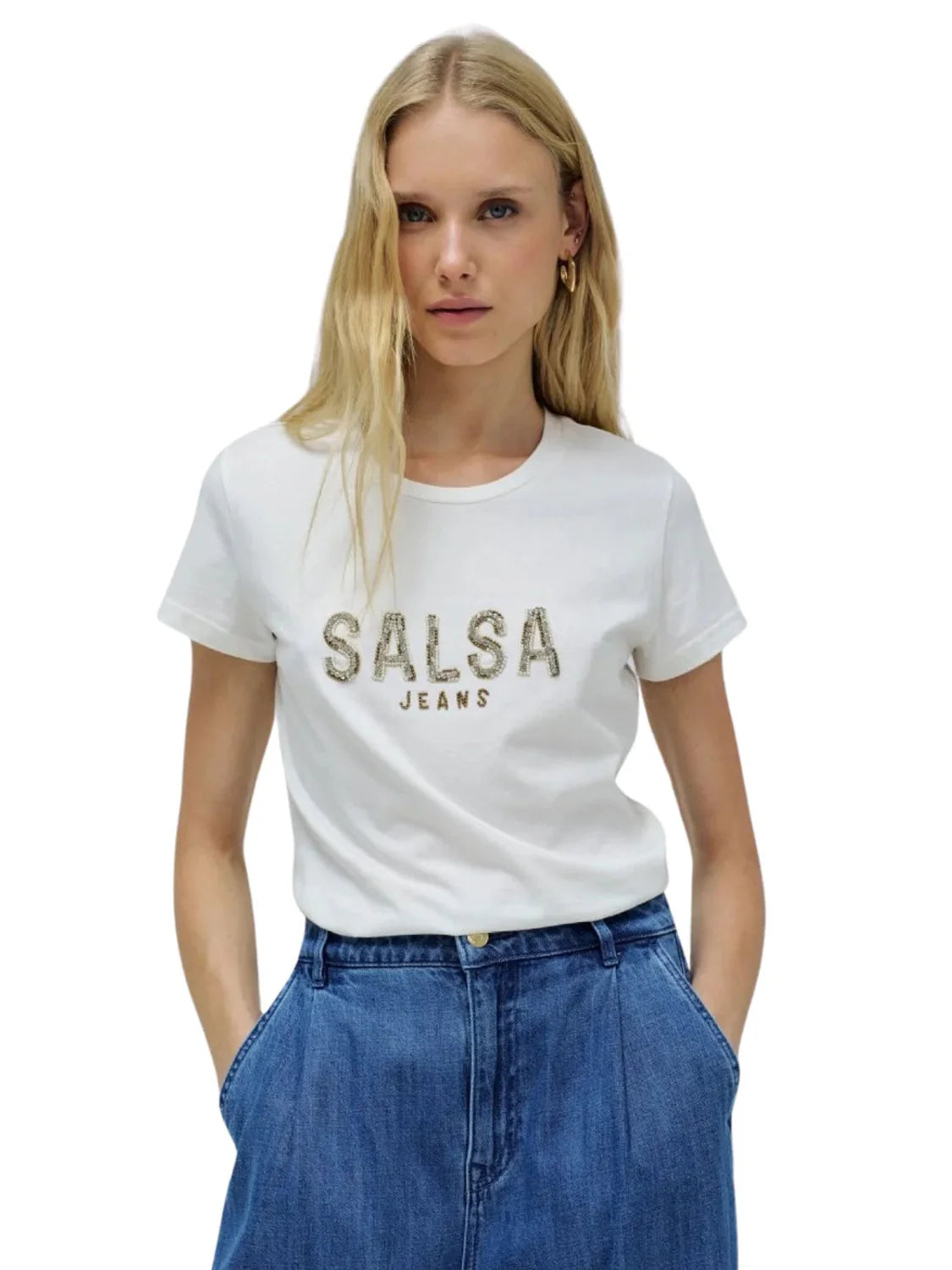 Camiseta Salsa Jeans Logo Cuentas Blanco | Bicos de Fío