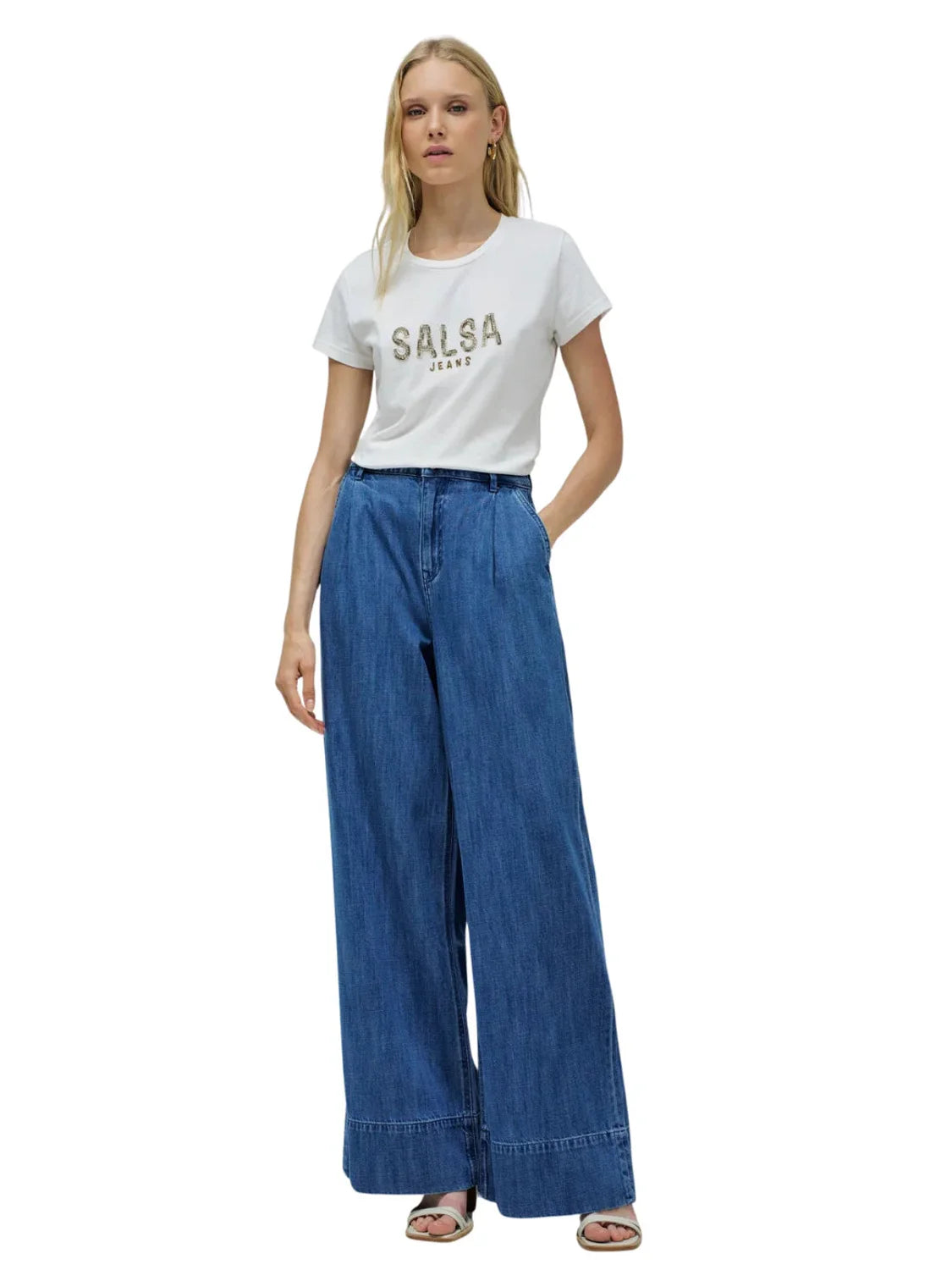 Camiseta Salsa Jeans Logo Cuentas Blanco | Bicos de Fío