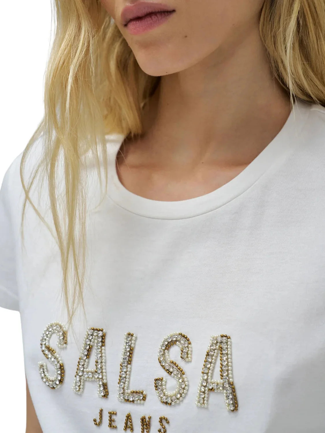 Camiseta Salsa Jeans Logo Cuentas Blanco | Bicos de Fío