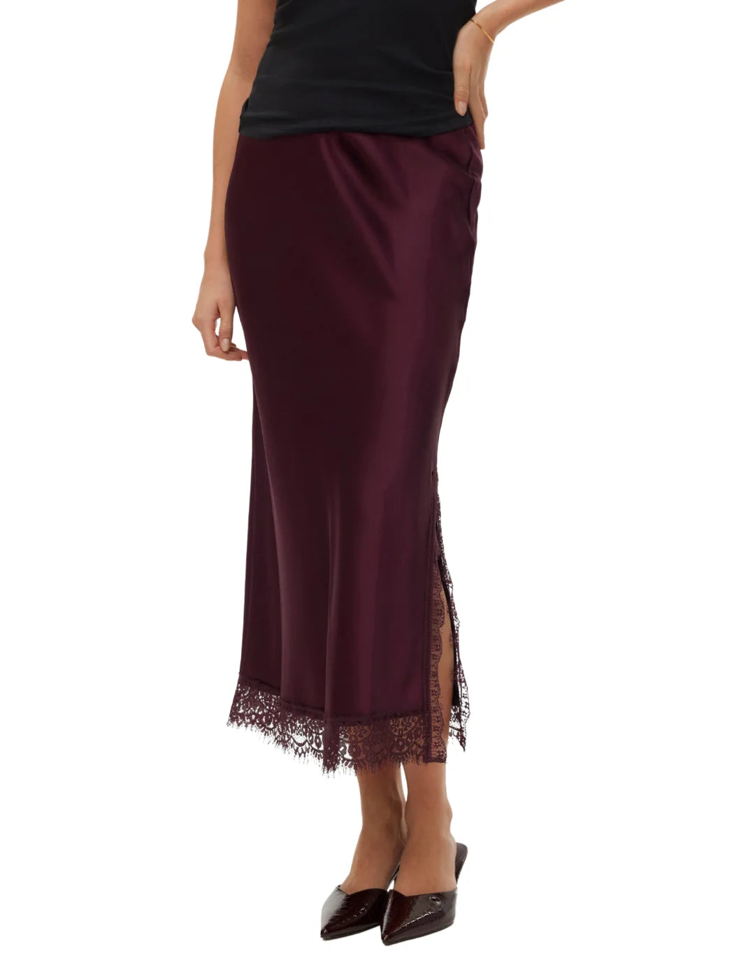 Falda Satinada Larga Vero Moda Hasley Vino Tinto | Bicos de Fío
