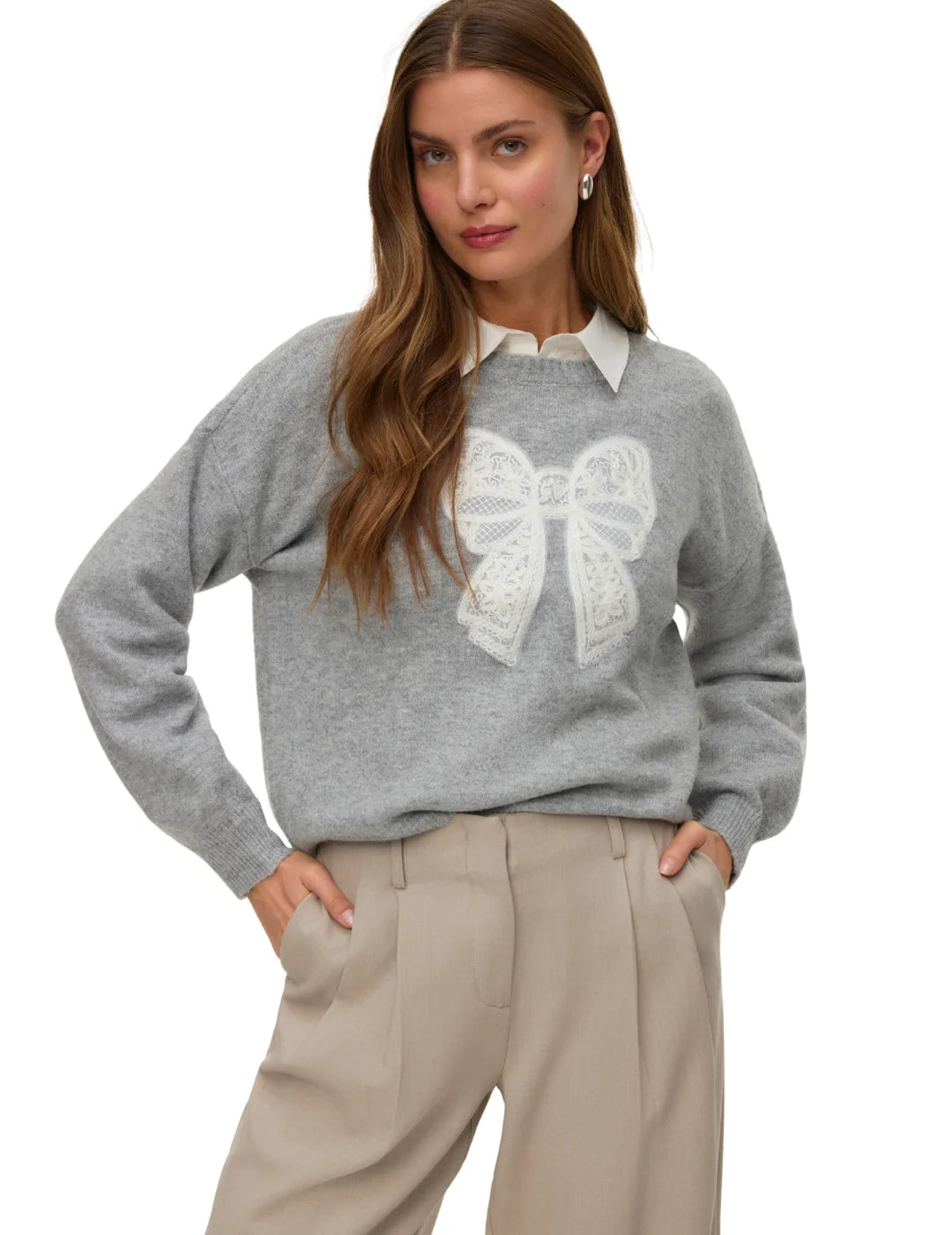 Jersey Lazo Vero Moda Ivory Gris | Bicos de Fío