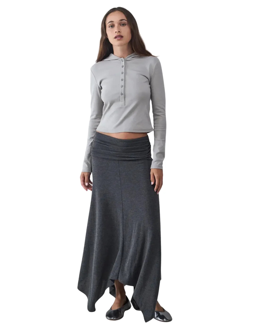 Sudadera Crop Capucha Botones BALMOHK Gris | Bicos de Fío