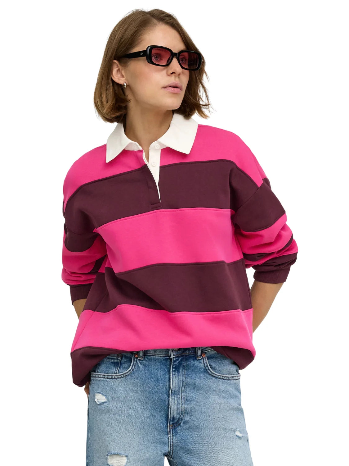Sudadera Polo ONLY Nara Rayas Rosa | Bicos de Fío